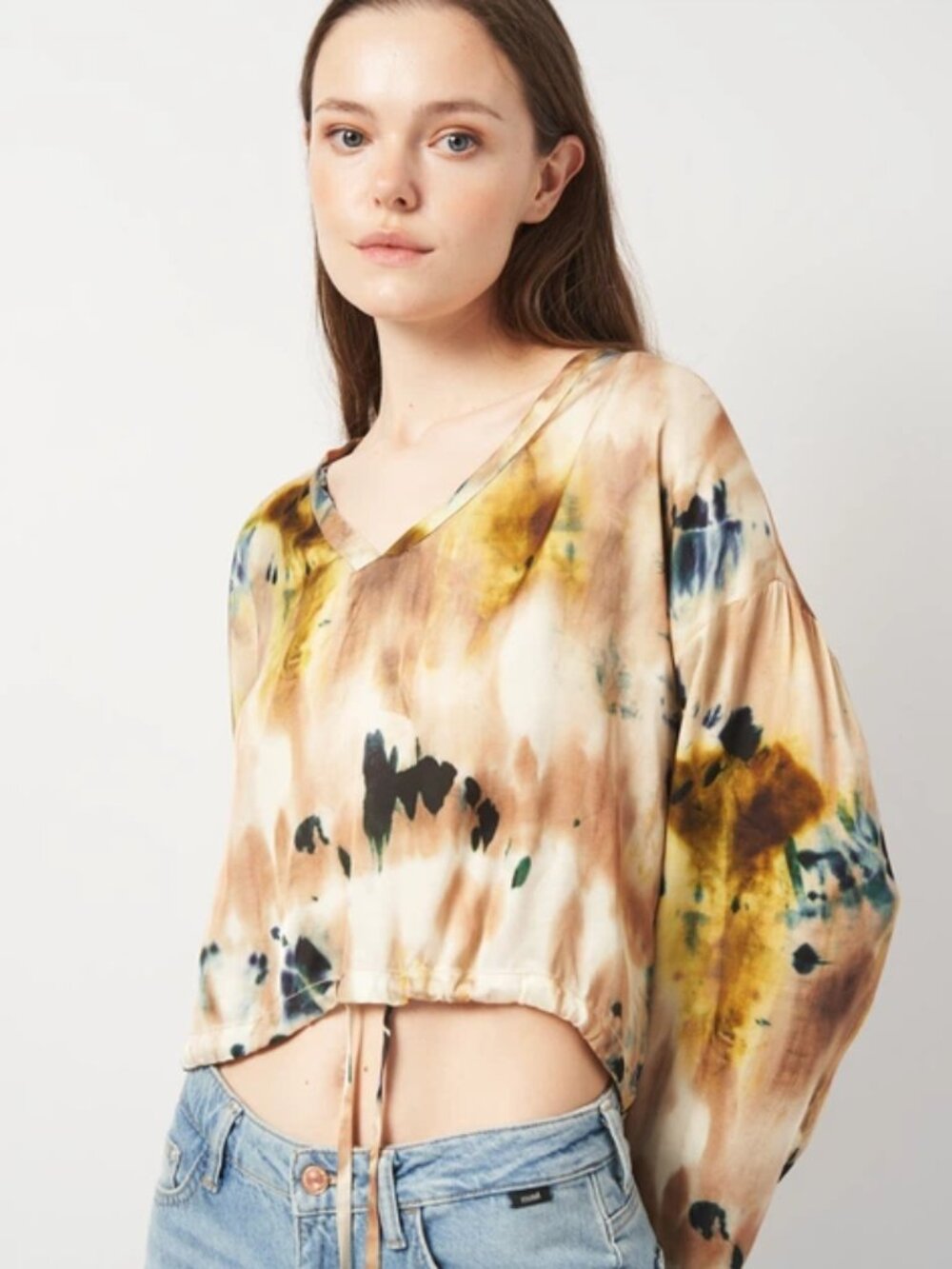 NWT Zara Satin Effect Tie Dye V-Neck Blouse With Adjustable Drawstring Waist M